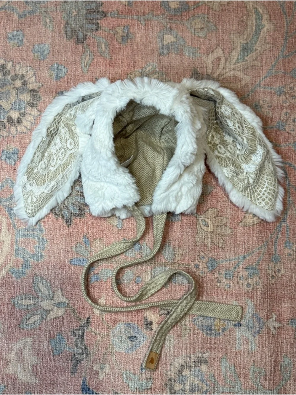 Native Fable Handmade Discont. Baby Faux Fur Bunny Ear Bonnet - Cream Beige Lace